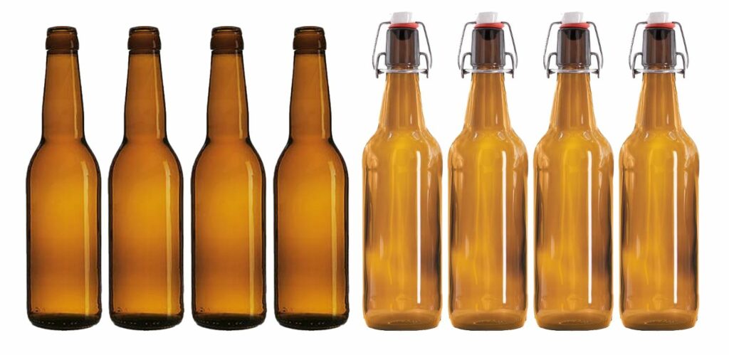 Bottiglie da birra vuote in vetro, con e senza tappo meccanico, utilizzate per fermentazioni e bevande gassate