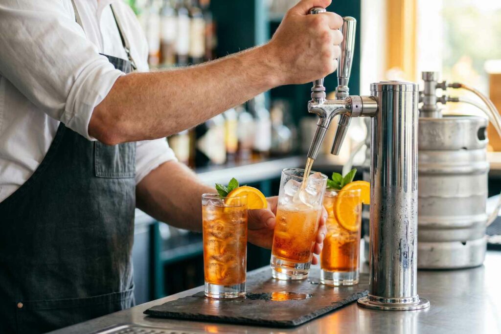 Un bartender che eroga un cocktail da un sistema di spillatura all0interno di un bicchiere.