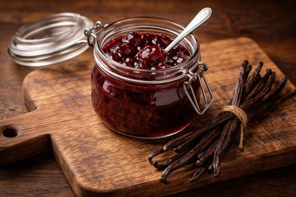 Barattolo aperto di confettura di prugne su tagliere in legno con bacelli di vaniglia