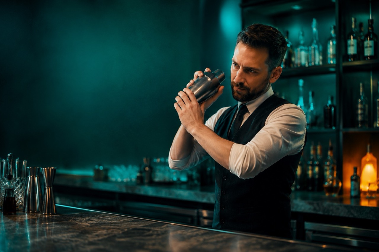 Bartender al lavoro dietro il bancone di un cocktail bar mentre prepara un cocktail