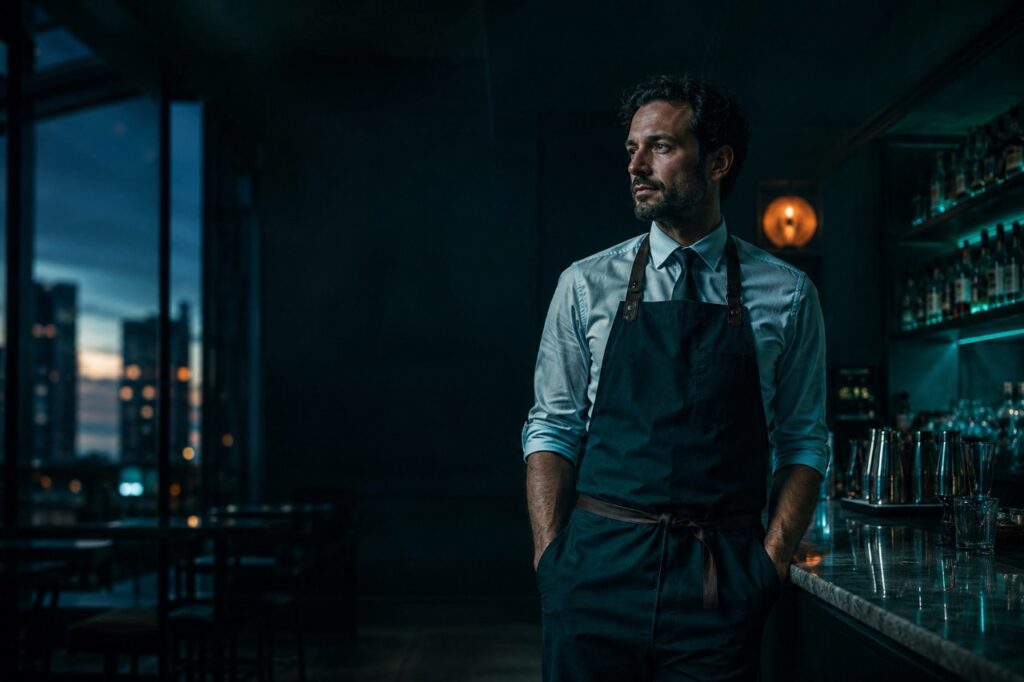 Barman pronto a iniziare il servizio in un cocktail bar la sera