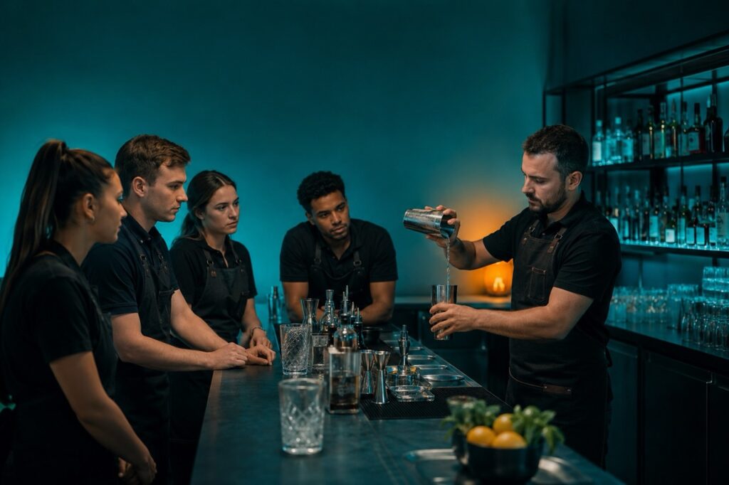 Lezione di bartending: un istruttore mostra una tecnica a un gruppo di allievi