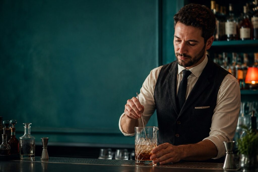 Barman professionista al lavoro dietro il bancone di un cocktail bar elegante