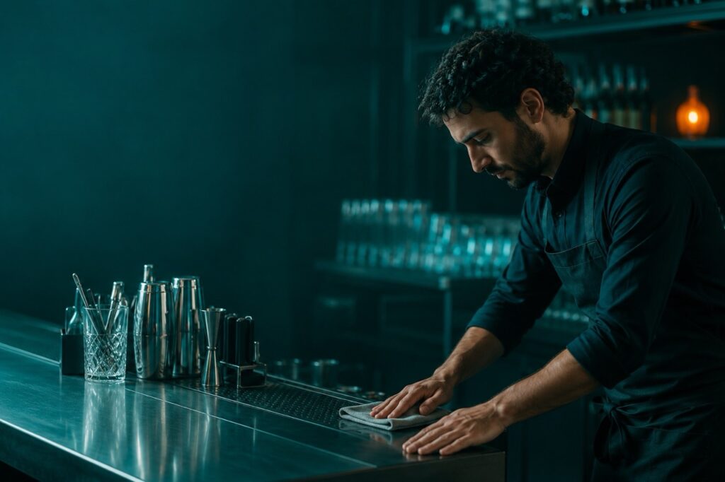 Barman che pulisce e mette in ordine la postazione di lavoro al bar